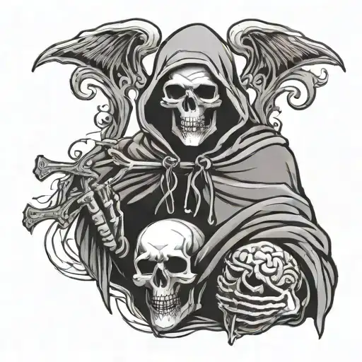 Hooded Reaper Skeleton Holding A Heart And A Brain