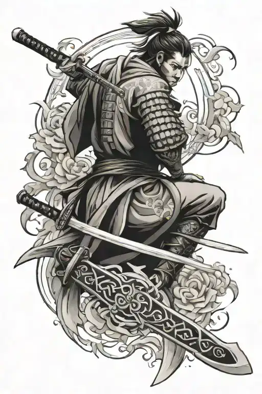 Samurai Themed Sword That Goes From Upper Back Down The Middle To Lower Back And Spreads To The Lats