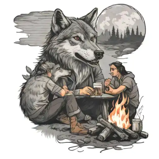 A Group Of Friends Sharing A Drink Around A Campfire With A Wolf Watching Nearby