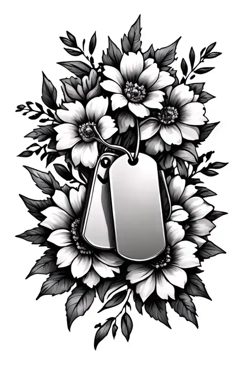 Christian Tattoo With Flowers And Military Dog Tags With Hearts