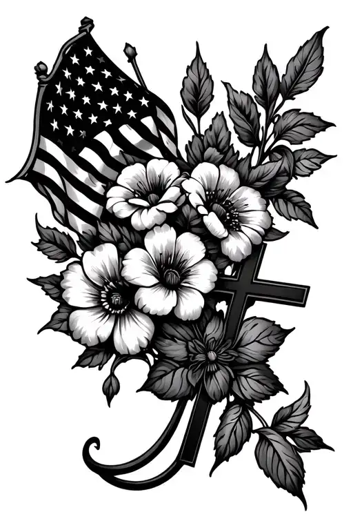 Flowers With American Flag And Cross Surrounded
