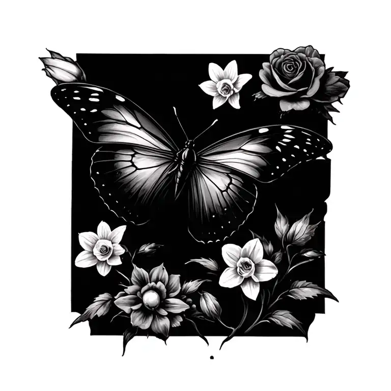 Butterfly With Small Rose Daffodil Flowers