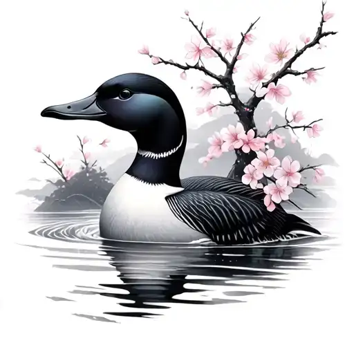 A Loon With Sakura Flowers Falling Around It