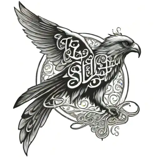 Shahin Written In Arabic Letters With A Falcon Flying