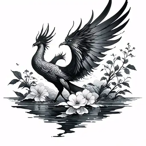 Phoenix Rising From Water And Clouds Surrounded By Japanese Flowers