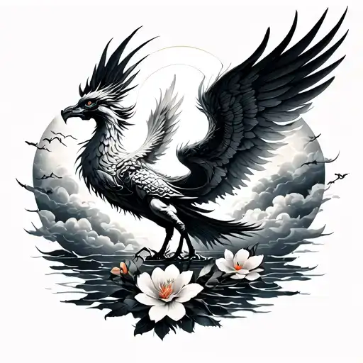 Phoenix Opened Winged Rising From Water Surrounded By Clouds And Japanese Flowers
