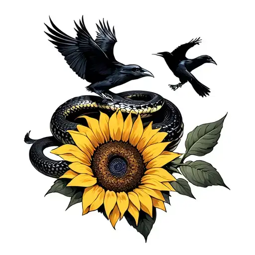 Snake With A Sunflower And Ravens Flying