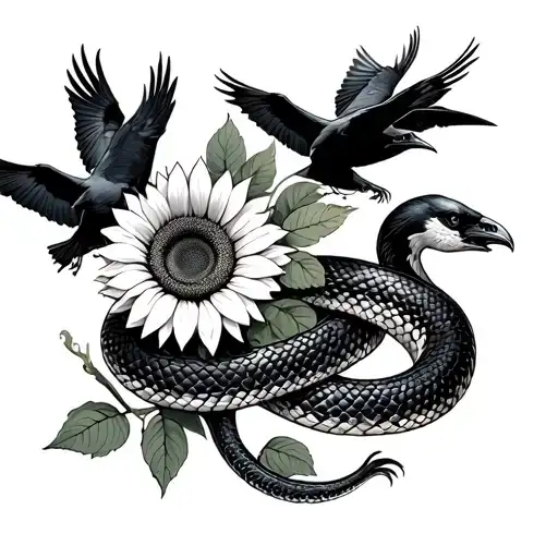 Snake With A Sunflower And Ravens Flying