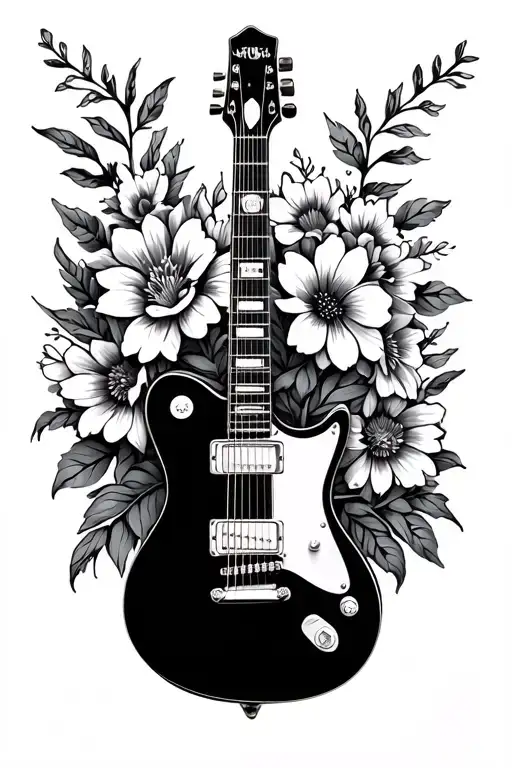 Electric Guitar With Flowers Going On Either Side Of The Neck