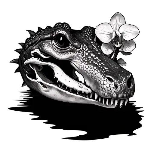 Alligator Skull With Mushrooms And Orchid