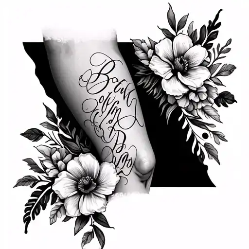 Thigh Tattoo With Writing And Flowers