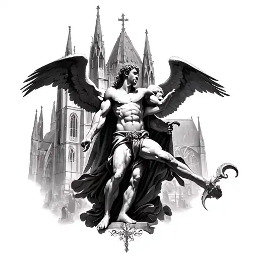 Archangel Michael Killing Lucifer With The Cathedral Of Ghent In Background