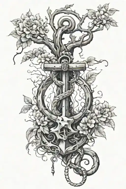Tree Roots Form A Sea Anchor With A Rope Surrounding It And Flowers Around It