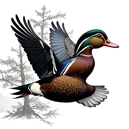 Wood Duck Flying In Trees
