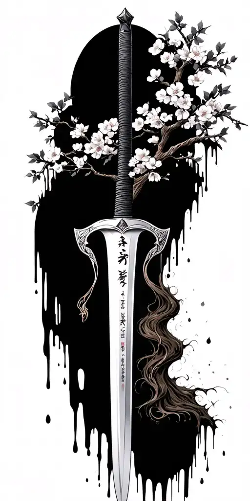 Katana Dripping Blood With A Cherry Blossom Tree Growing Around It
