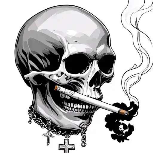 Skull Wearing Cross Necklace Smoking Cigarette