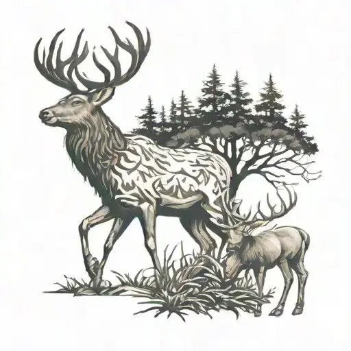 Elk And Deer Surrounded