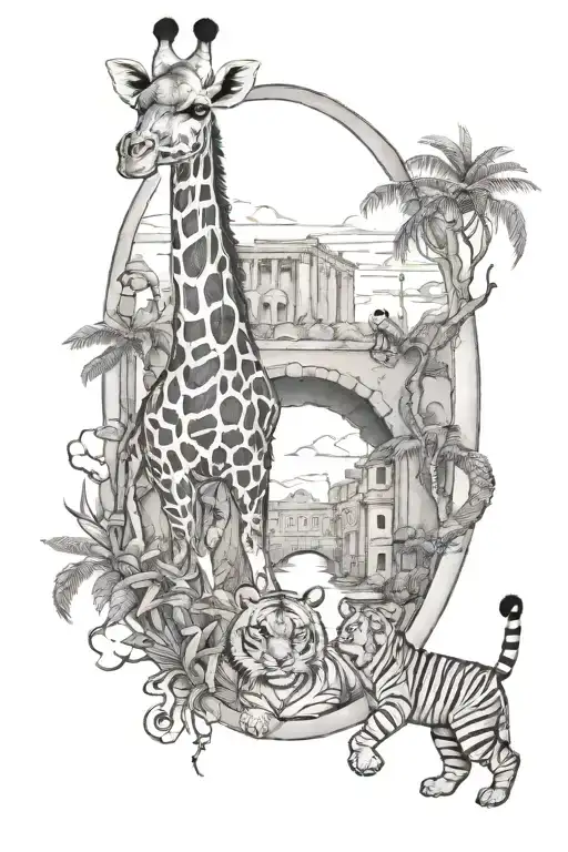 Giraffe And Tiger In An Arch With A Panda Walking Forward In The Middle Of The Arch