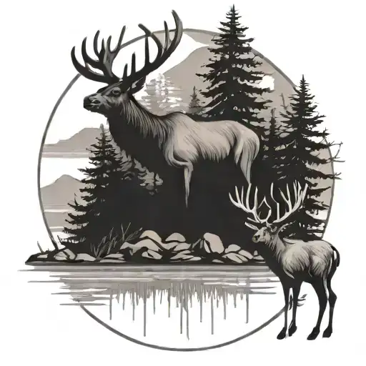 Elk And Deer Surrounded By Trees And River