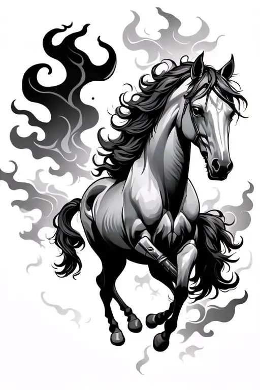 Japanese Style Maverick Horse With Flames And Clouds