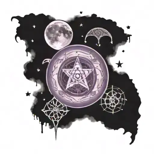 A Mystical Purple Moon Tattoo With Psychology Symbols And Celestial Motifs