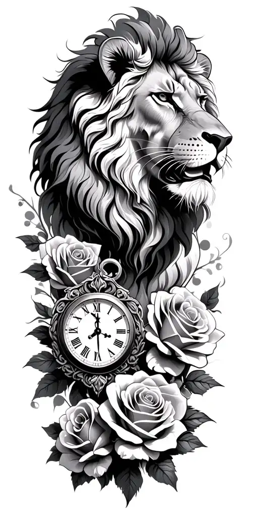 Lion With Clock And Roses Surrounding