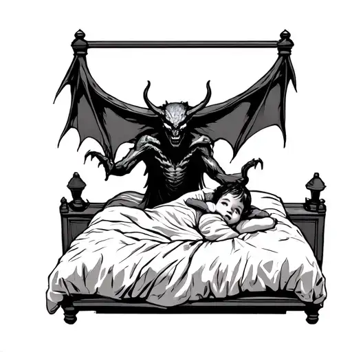 Demon Standing Over A Bed With A Child Hiding Under The Covers And A Dark Scenery