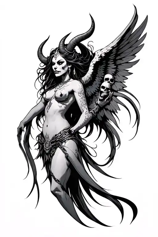 Hindu Evil Witchblade Angel Half Demon With Horns And Side Skulls
