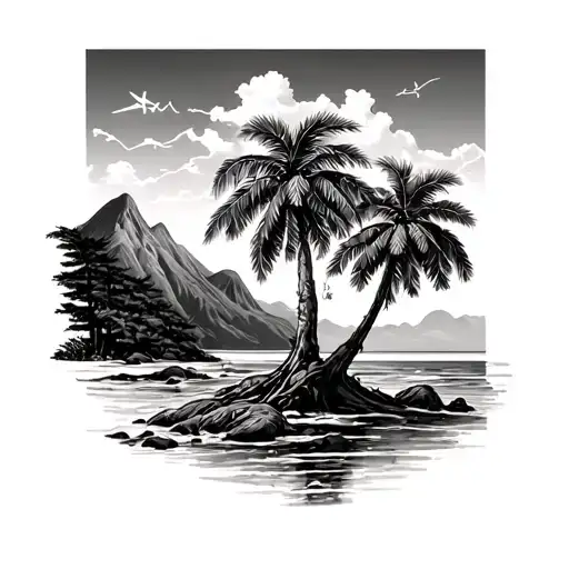 Palm Tree And Pine Tree Growing Together With A Beach And Mountain In The Background