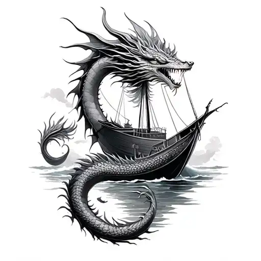 Boat And Sea Dragon Intertwined