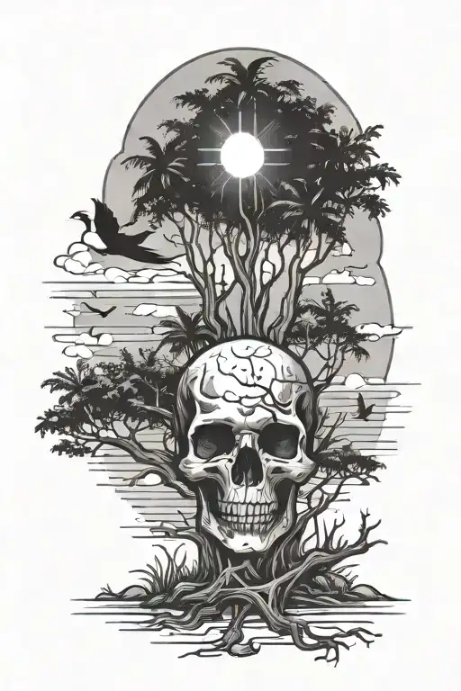 Skull Beach Trees Birds Sun Moon