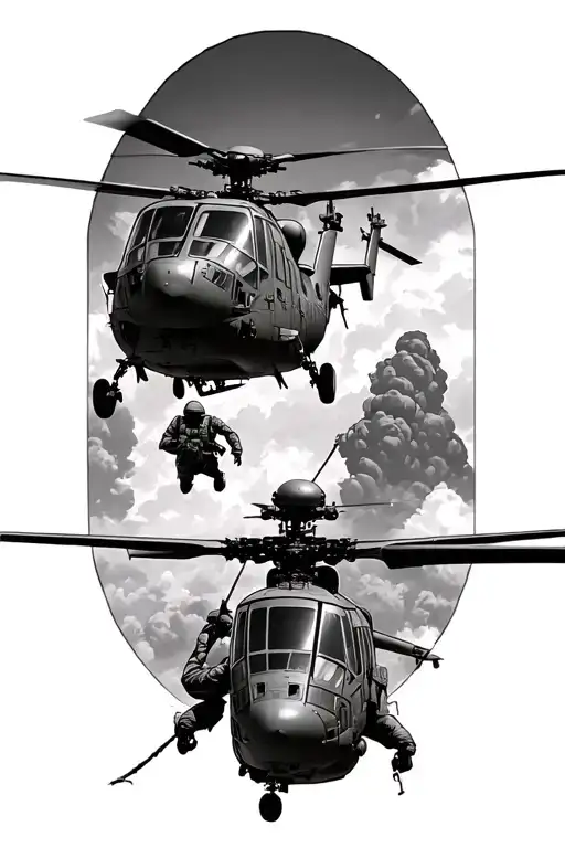 Uh-60 With Fast Roping Troops In A Scene