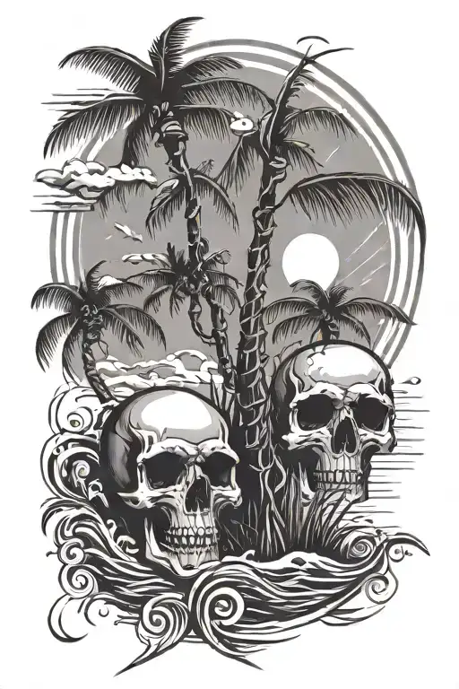 Skull Beach Palm Tree Birds Sun Moon