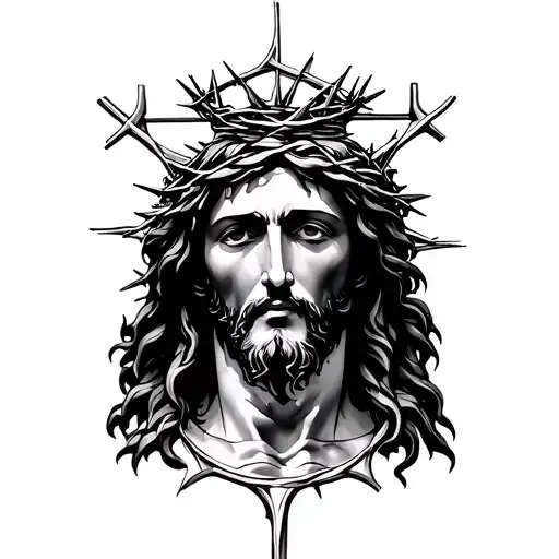 Jesus Face With Crown Of Thorns Inside A Cross Made