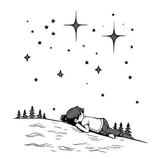 Kid Laying On Hill Looking At The Stars With Trees And Water