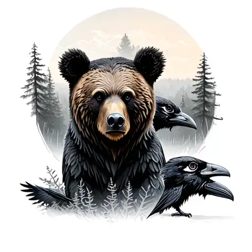 Bear And In The Background Ravens Plus Forest Filled