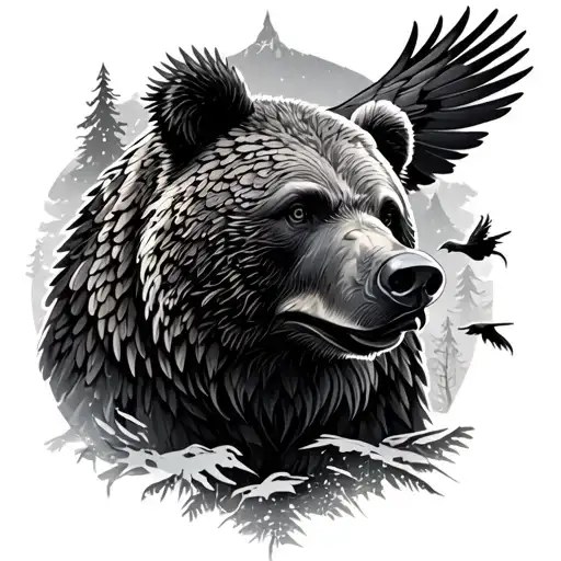 Bear And In The Background Ravens Plus Forest Filled