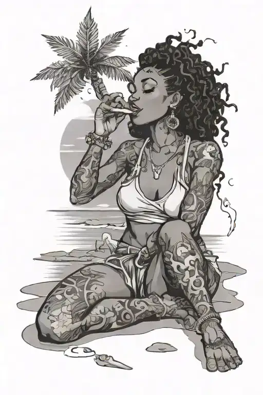 Beach Sunset Black Woman Smoking Weed On Beach