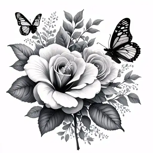 Rose And Hibiscus With Butterflies