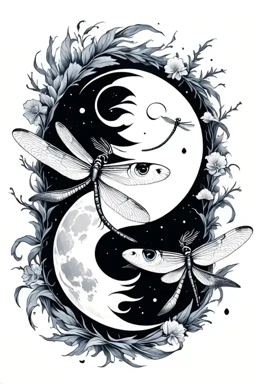 Moon Phase With Pieces Fish And Dragonfly