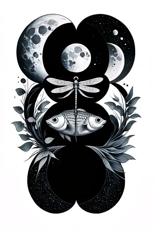 Moon Phases With Pieces Fish And A Dragonfly Geometric