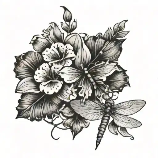 Larkspur Flower Sweet Pea Flower Intertwined With Dragonfly