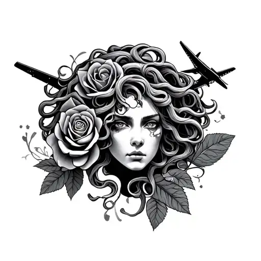 Medusa Head With A Rose And Aircraft And Space