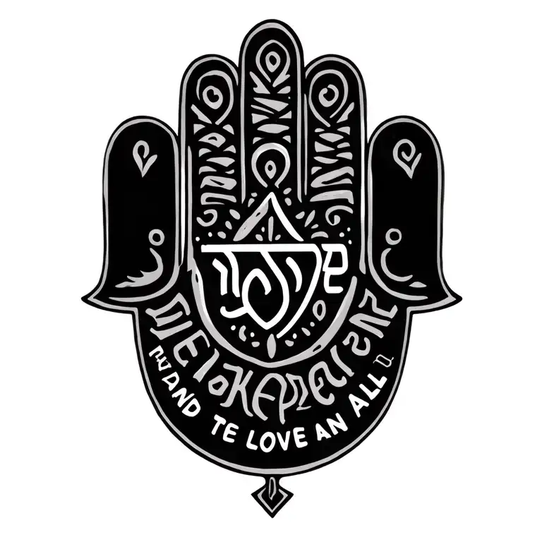 Hamsa Symbol Surrounded By Words That Say Make Peace And Love To All In Hebrew
