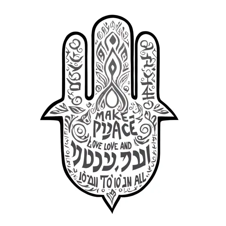 Hamsa Symbol Surrounded By Words That Say Make Peace And Love To All In Hebrew