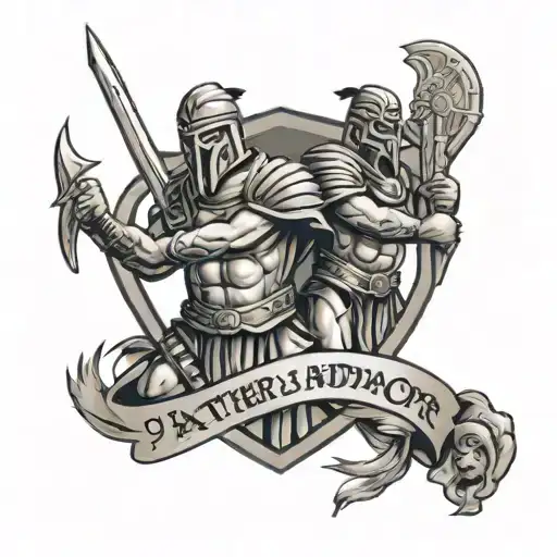 Father Gladiator Protecting His Two Son Gladiators And 2910 Written Below In Large