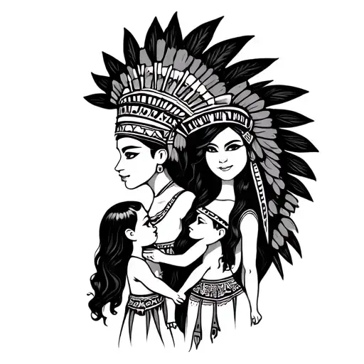 Aztec Princess With 2 Baby Girls Holding Hands