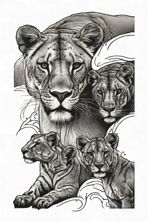 Lioness With Three Cubs