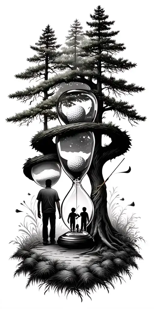 Pine Forest Wrap Around And Family Tree And Hour Glass Father With 3 Kids And Golf