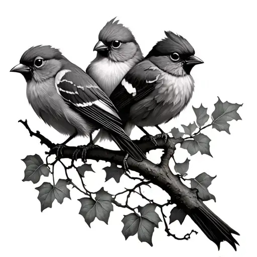 3 Fluffy Birds On Ivy Branch